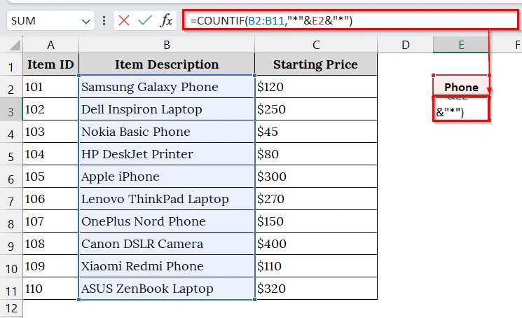 Apply COUNTIF Function to Count Cells Containing Text Ending With a Particular Substring