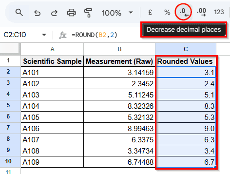 Adjusting Decimal Places with Toolbar Button