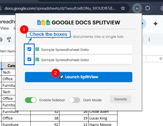 Split Screen Different Sheets Using Extensions