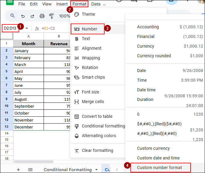 Using the Custom Number Format Option from the Menu
