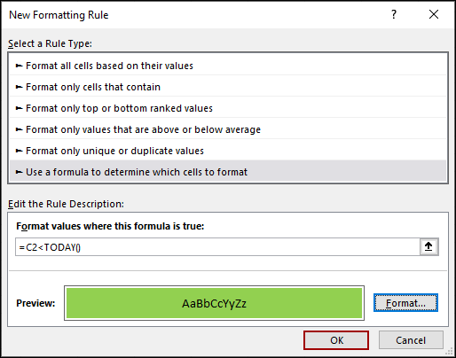 Using Conditional Formatting to Highlight Dates Before Today