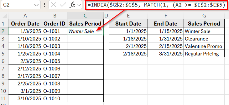Combining INDEX and MATCH Functions to Check If a Date Falls Between Two Columns