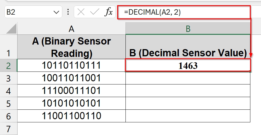 Use of the DECIMAL Function to Convert Binary to Decimal in Excel