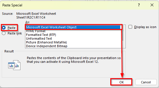 Copy Excel Table and Paste as an Embedded Object