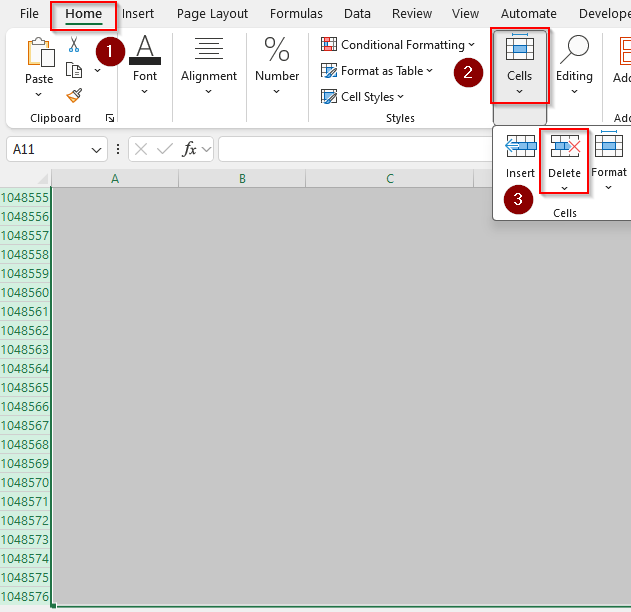 Manually Highlight Bottom Rows in Bulk and Delete