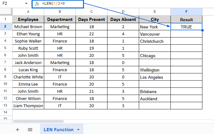 Using LEN Function to Return TRUE/FALSE For Not Empty Cells