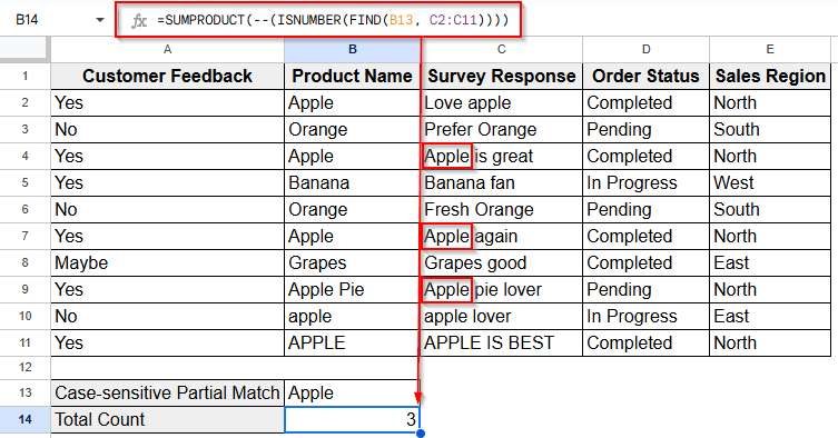 Case-Sensitive Formula to Count Cells with Specific Text for Partial Match