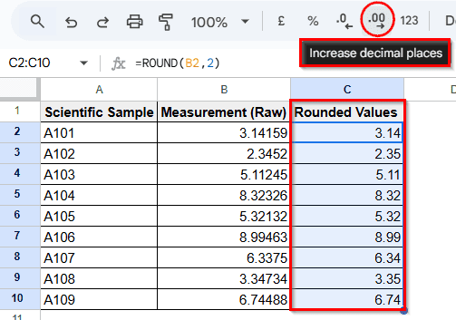 Adjusting Decimal Places with Toolbar Button
