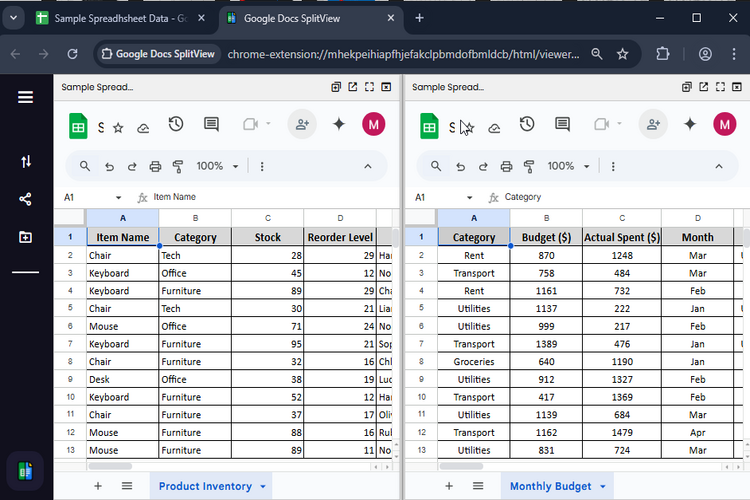 Split Screen Different Sheets Using Extensions