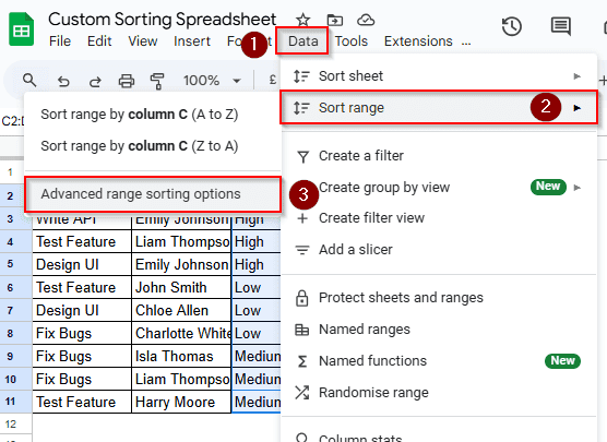 Sorting Multiple Columns with Sort Range from the Menu Bar