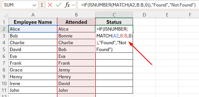 Check If a Value Exists in Another Column Using MATCH Function