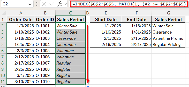Combining INDEX and MATCH Functions to Check If a Date Falls Between Two Columns