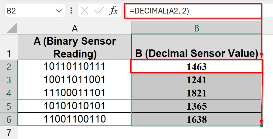 Use of the DECIMAL Function to Convert Binary to Decimal in Excel