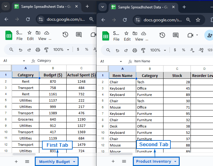 Split Screen Different Sheets Using Multiple Browser Windows