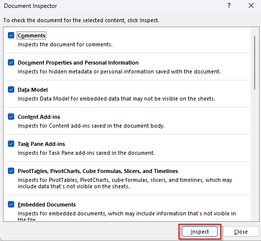 Remove Metadata with the Inspect Workbook Feature