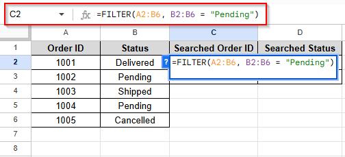 using FILTER function for search range method