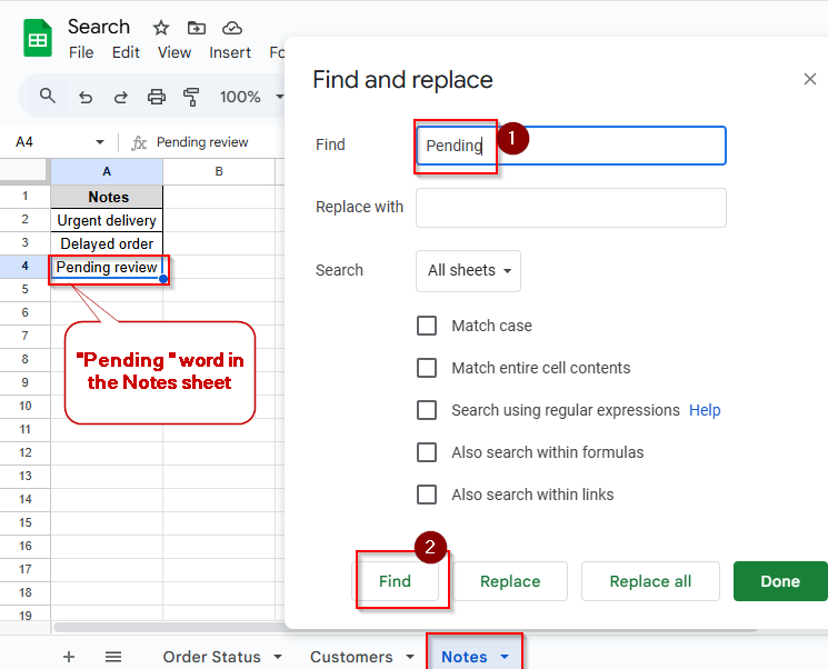 pending word in the notes tab