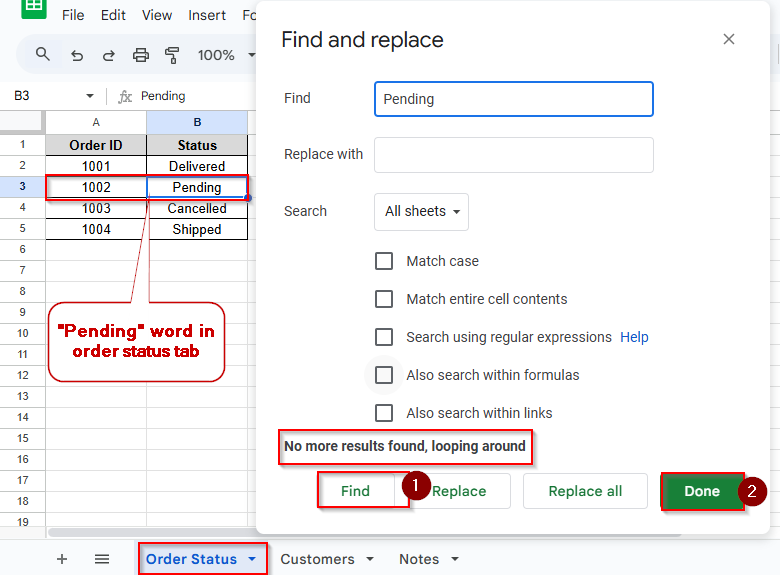 pending word in order status tab