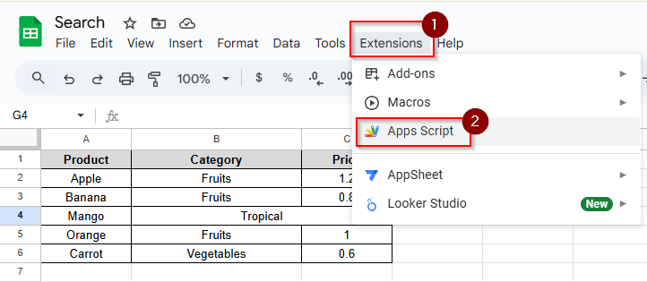 Click Extensions> App Scripts