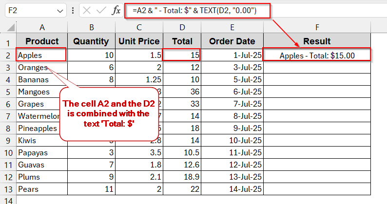 Use Ampersand (&) To Combine Text And Number