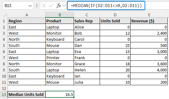 excel median if not zero using MEDIAN and IF functions