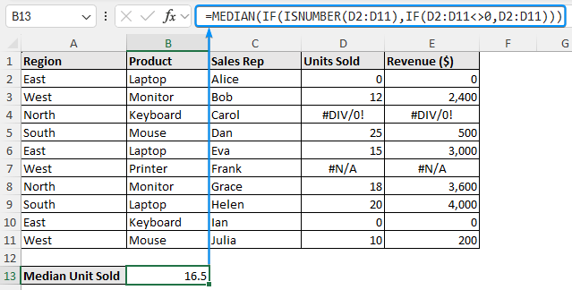excel median if excluding zeros and errors