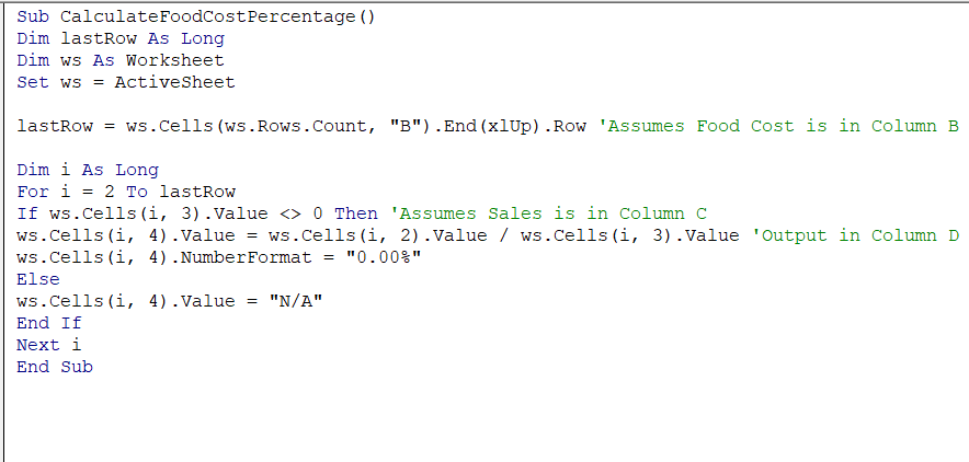 Automating Food Cost Percentage with Excel VBA