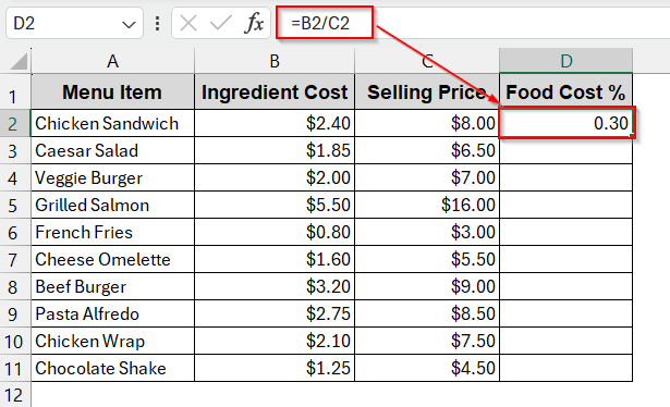 Calculating Food Cost Percentage per Menu Item