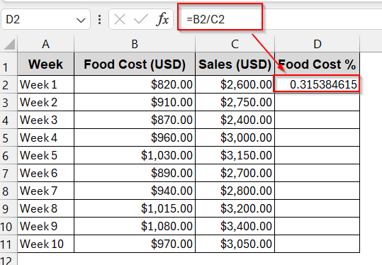 Simple Division Formula to Calculate Food Percentage in Excel