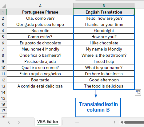 Translate Directly Using the VBA Editor