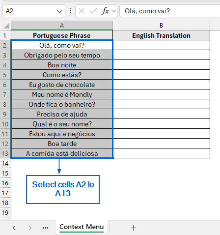 Translate Portuguese to English Using the Context Menu