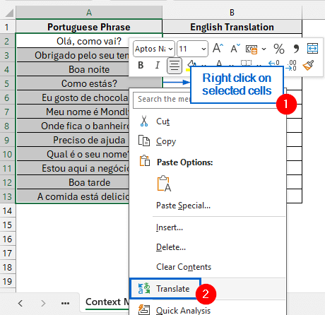 Translate Portuguese to English Using the Context Menu