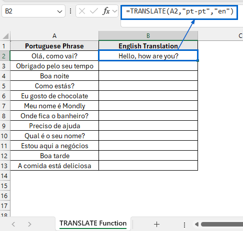 Translate Portuguese to English Using the Built-in TRANSLATE Function