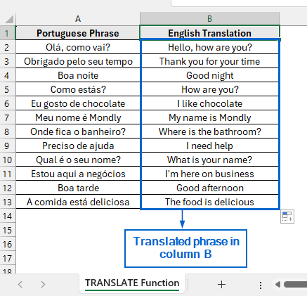Translate Portuguese to English Using the Built-in TRANSLATE Function