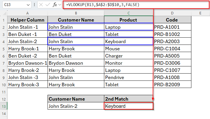 Vlookup Second Match Using a Helper Column