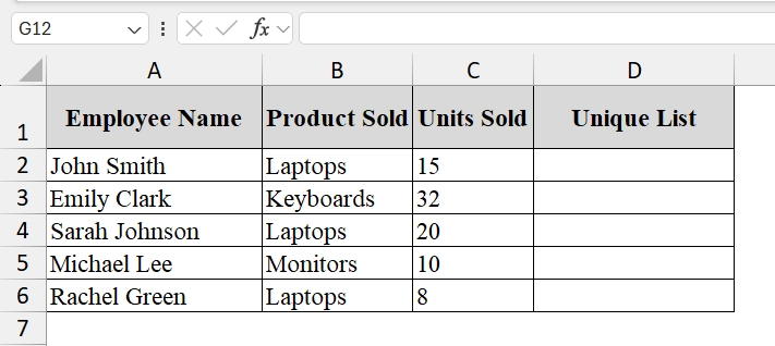 Using the UNIQUE Function with Dynamic Array to Extract Values