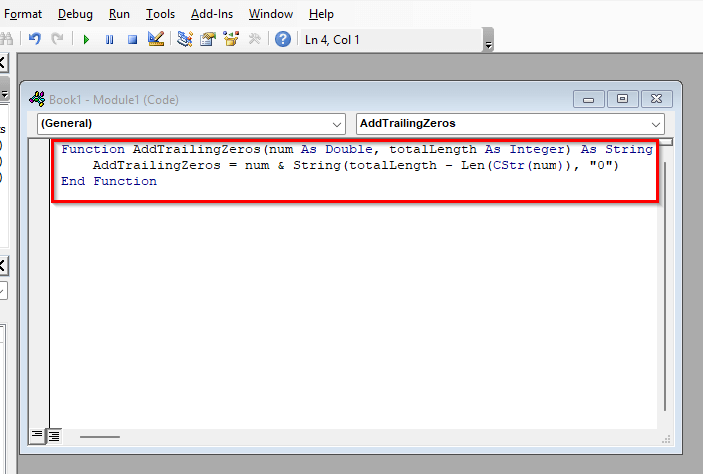Use a Custom VBA Function to Add Trailing Zeros