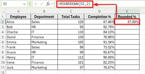 Using the ROUNDDOWN Function to Round Percentages Downward