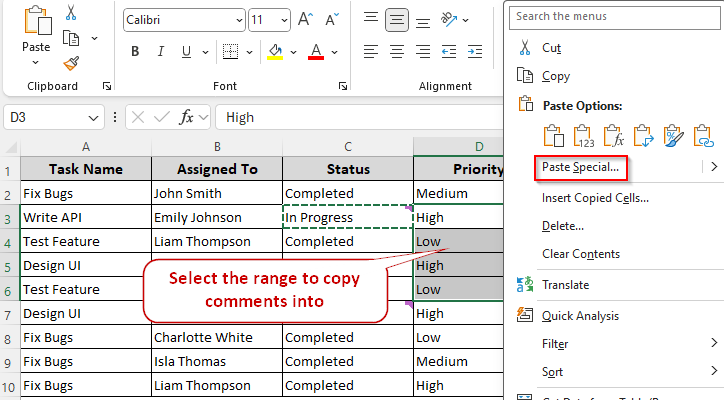 Using the Paste Special Feature to Copy Comments