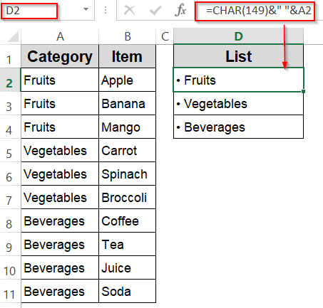 Creating a Bulleted List Using the CHAR Function in Excel