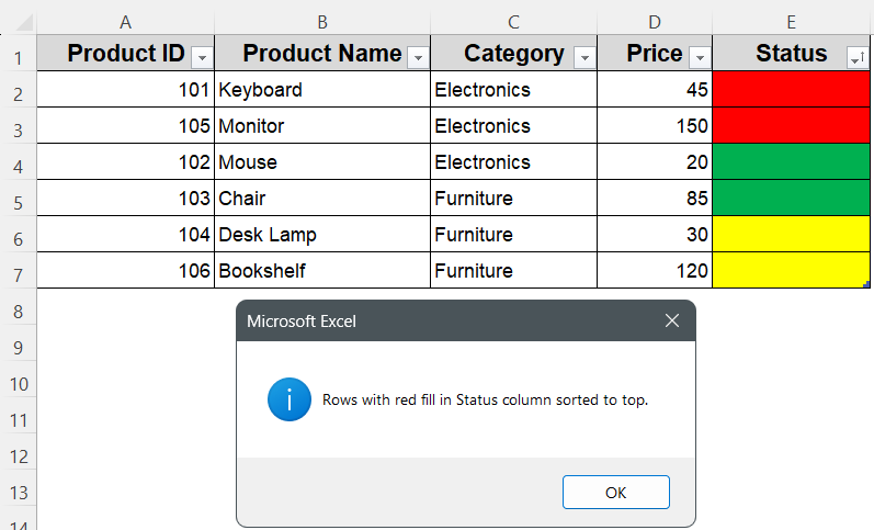 Implement a Macro to Sort a Table by Cell Color in Excel