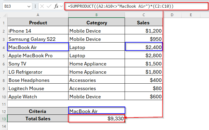 Alternative to SUMIFS Function for Not Equal to Text Criteria
