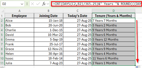 Use the DAYS Function to Calculate Tenure in Years and Months