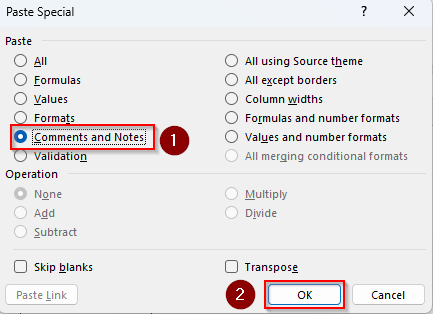 Using the Paste Special Feature to Copy Comments