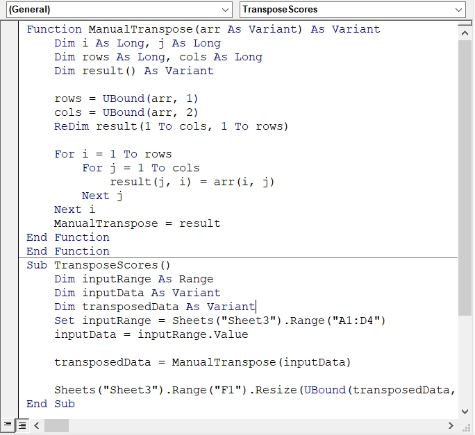 Applying Manual VBA Transpose Function to transpose an array in excel
