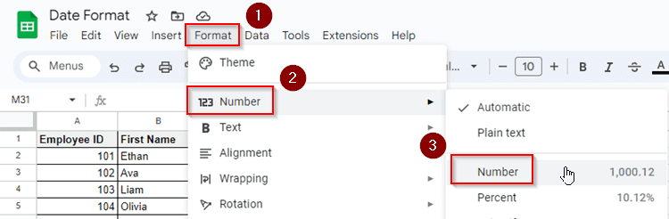 Conversion Between Date, Number and Text Formats in Google Sheets