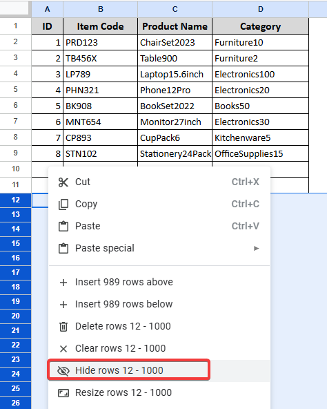 Using the Context Menu Options to Hide Unused Cells