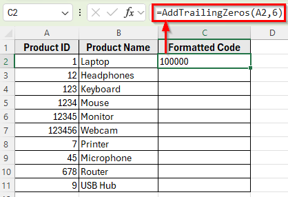 Use a Custom VBA Function to Add Trailing Zeros