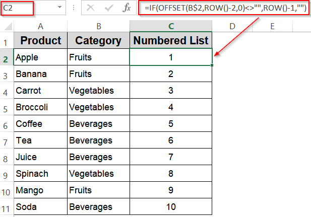 Insert OFFSET Function for Dynamic Numbering