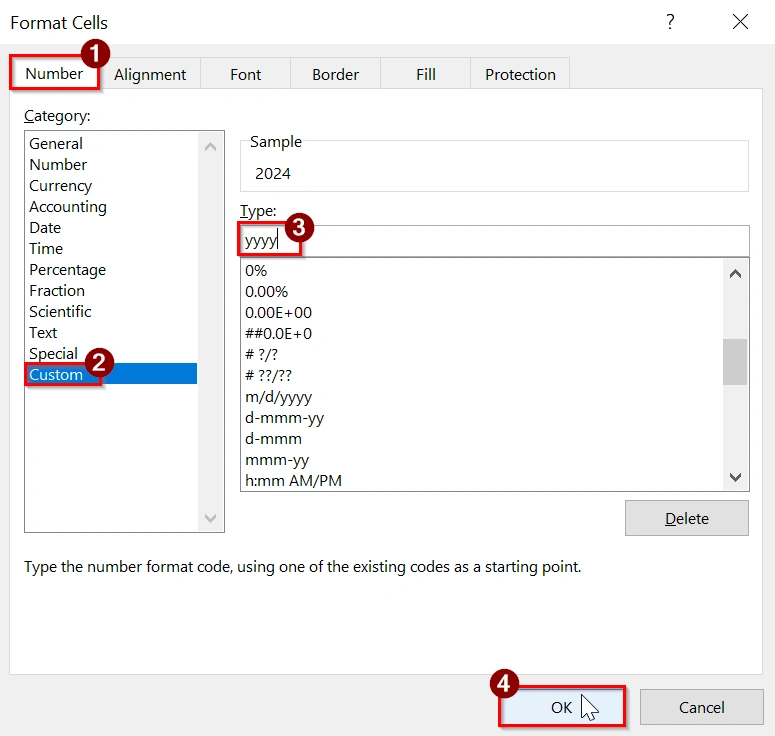 Applying Cells Format to Extract the Year from the Date